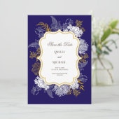 Blue Gold Botany Graphic Wedding Save The Date (Stehend Vorderseite)