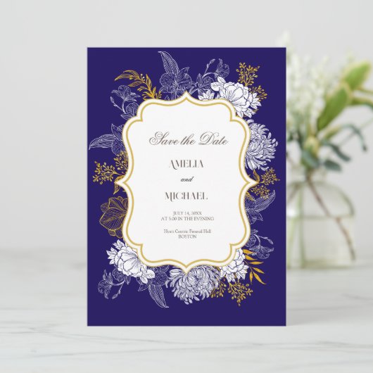 Blue Gold Botany Graphic Wedding Save The Date (Stehend Vorderseite)