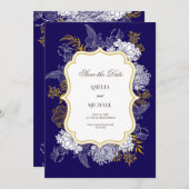 Blue Gold Botany Graphic Wedding Save The Date (Vorne/Hinten)