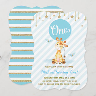 Blue Gold Boy Giraffe Erster Geburtstag Twinkle St Einladung