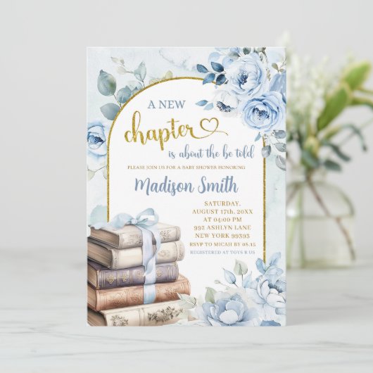 Blue Gold Boy Storybook Theme Baby Dusche Einladung (Stehend Vorderseite)