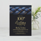 Blue Gold Braid 100. Geburtstagsparty Einladung (Stehend Vorderseite)