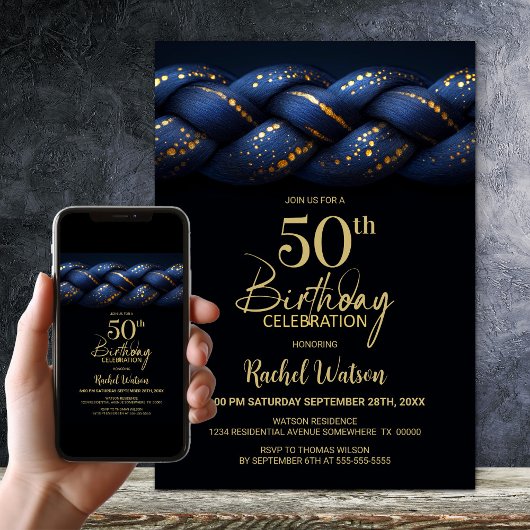 Blue Gold Braid 50. Geburtstagsparty Einladung