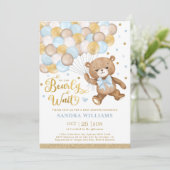 Blue Gold Brown Teddy Bear Boy Baby Dusche Einladung (Stehend Vorderseite)