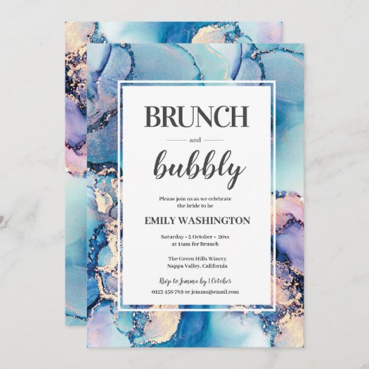 Blue Gold Brunch & Bubbly Bridal Dusche Einladung (Vorne/Hinten)