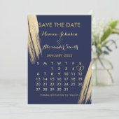 Blue Gold Brushstrokes Calendar Wedding Save The Date (Stehend Vorderseite)