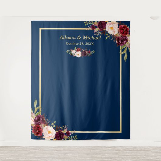 Blue Gold Burgundy Floral Wedding Background Wandteppich (Vorderseite)
