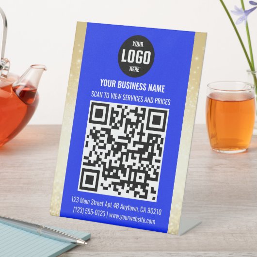 Blue & Gold Business QR Code Pedestal Sign Sockelschild (In Situ)