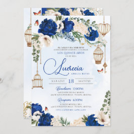 Blue Gold Butterfly Floral Elegante Quinceañera Einladung