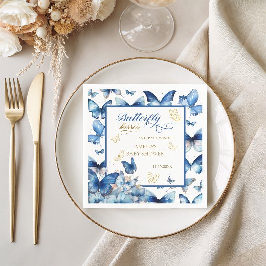 Blue Gold Butterfly Kisses Baby Dusche Serviette