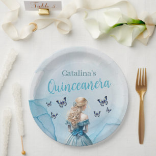 Blue Gold Butterfly Princess Quinceñera Pappteller