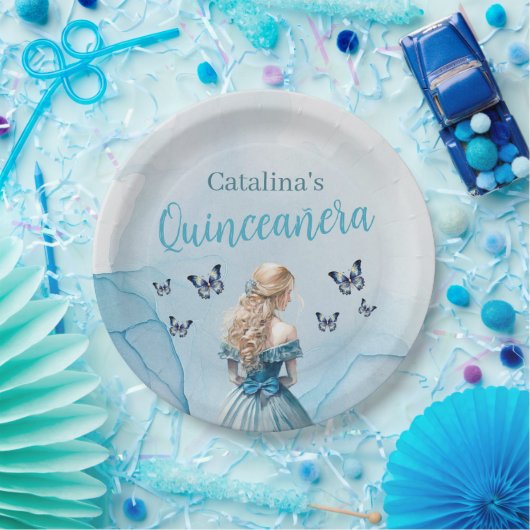 Blue Gold Butterfly Princess Quinceñera Pappteller (Party)