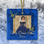 Blue, Gold Butterfly Quinceanera Foto Keramikornament<br><div class="desc">Blauer und goldener Schmetterling personalisiert / individueller Weihnachtsschmuck ist vielseitig für königsblaue oder marineblaue Quinceanera Themen. Blauer Schmetterling kann leicht verkleinert und auf Gedenkschmuck-Foto umgestellt werden. Ein vielseitiges Geschenk zu Weihnachten oder zum 15. Geburtstag.</div>