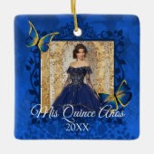 Blue, Gold Butterfly Quinceanera Foto Keramikornament (Vorderseite)