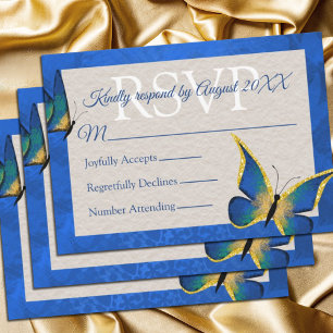 Blue, Gold Butterfly Quinceñera RSVP Card Hinweiskarte