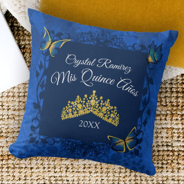 Blue, Gold Butterfly Tiara Quinceanera Pillow Kissen