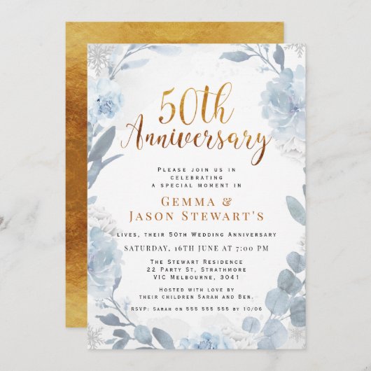 Blue Gold Calligraphie 50. Hochzeitstag Einladung (Vorne/Hinten)