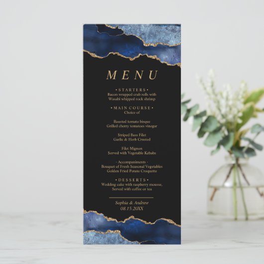 Blue Gold Calligraphy Wedding Menu Menükarte (Stehend Vorderseite)