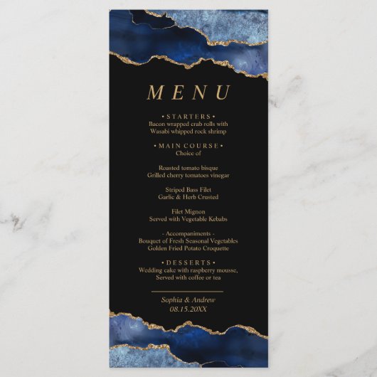 Blue Gold Calligraphy Wedding Menu Menükarte (Vorderseite)