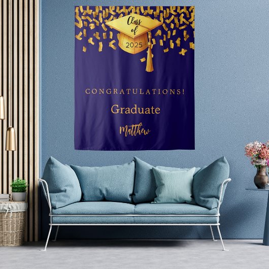 Blue Gold Cap Tassel Graduierungsparty 2025 Wandteppich