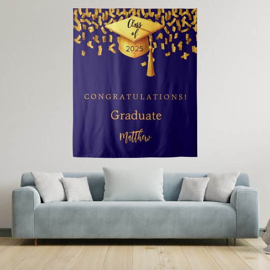 Blue Gold Cap Tassel Graduierungsparty 2025 Wandteppich