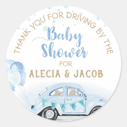 Blue Gold Car Drive by Baby Dusche Vielen Dank Runder Aufkleber (Vorderseite)