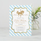 Blue Gold Carousel Baby Dusche Einladung (Stehend Vorderseite)