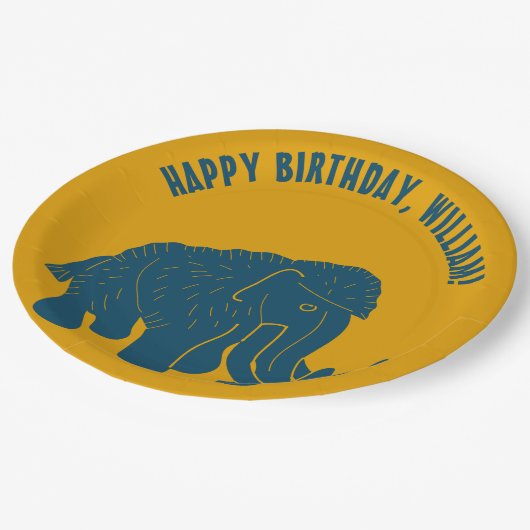 Blue & Gold Cartoon Wooly Mammoth Personalisiert Pappteller (Schrägansicht)