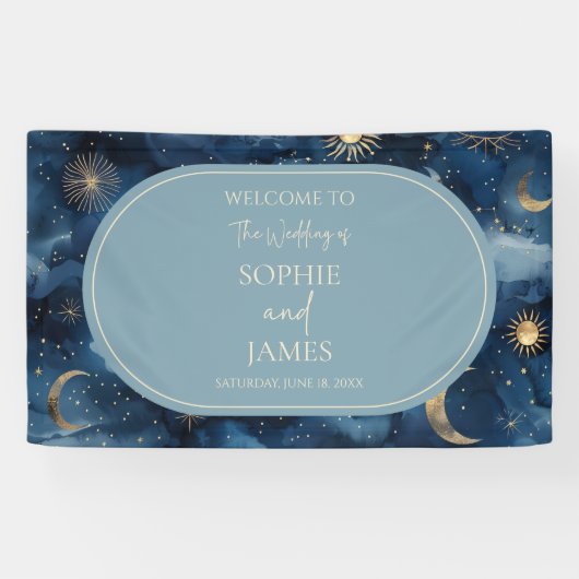 Blue Gold Celestial Elegant Starry Sky Wedding Banner (Horizontal)