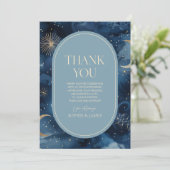 Blue Gold Celestial Elegant Starry Sky Wedding Dankeskarte (Stehend Vorderseite)