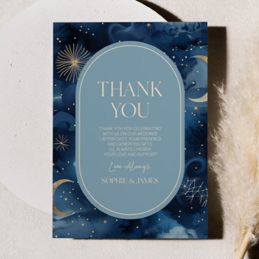 Blue Gold Celestial Elegant Starry Sky Wedding Dankeskarte