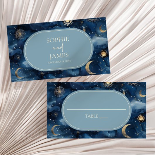 Blue Gold Celestial Elegant Starry Sky Wedding Platzkarte
