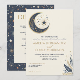 Blue & Gold Celestial mit Details Hochzeit Einladung