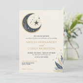 Blue & Gold Celestial mit QR Code Wedding Einladung (Stehend Vorderseite)