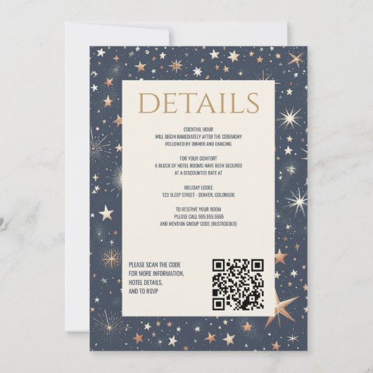 Blue & Gold Celestial mit QR Code Wedding Einladung (Rückseite)