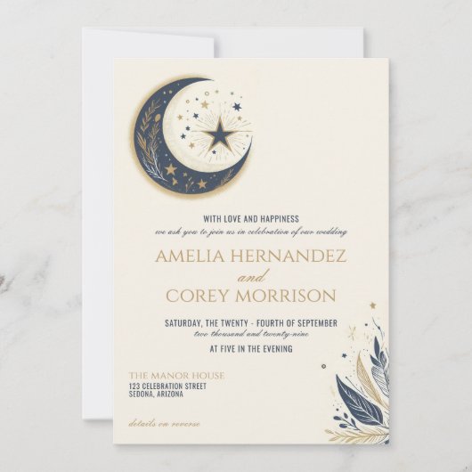 Blue & Gold Celestial mit QR Code Wedding Einladung (Vorderseite)