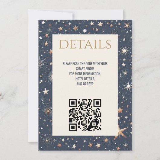 Blue & Gold Celestial mit QR Code Wedding Einladung (Rückseite)