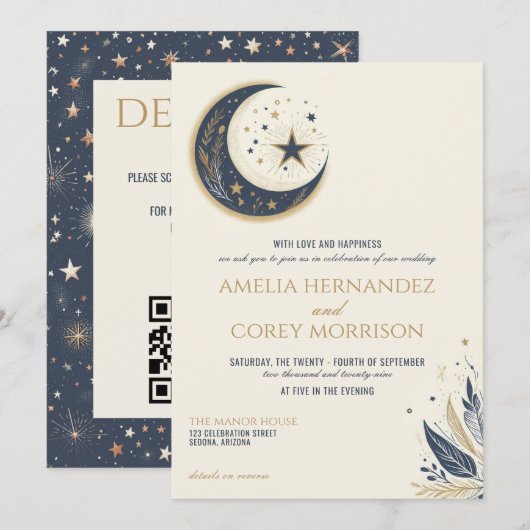 Blue & Gold Celestial mit QR Code Wedding Einladung (Vorne/Hinten)
