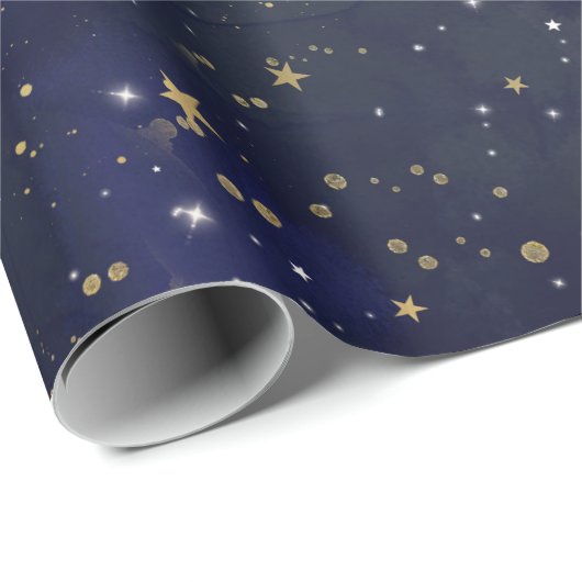 Blue & Gold Celestial Stars Whimsical Watercolor Geschenkpapier (Rolleneckpunkt)