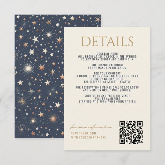 Blue & Gold Celestial Wedding Begleitkarte (Vorne/Hinten)