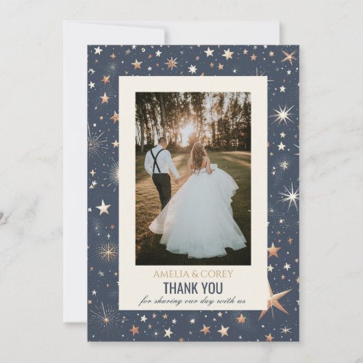 Blue & Gold Celestial Wedding Dankeskarte (Vorderseite)