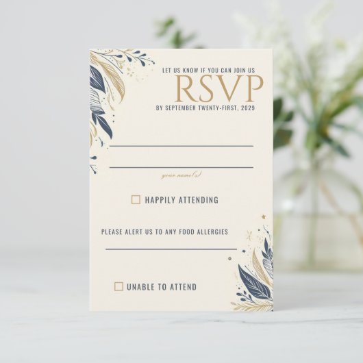 Blue & Gold Celestial Wedding RSVP Karte (Stehend Vorderseite)