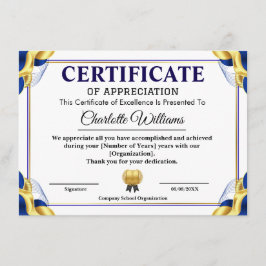 Blue Gold Certificate of Appreciation Template Begleitkarte