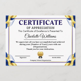 Blue Gold Certificate of Appreciation Template Begleitkarte