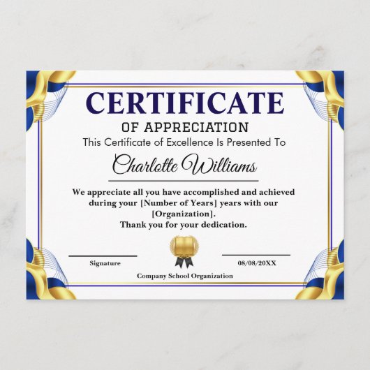 Blue Gold Certificate of Appreciation Template Begleitkarte (Vorderseite)