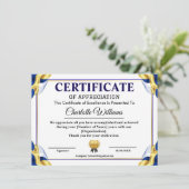 Blue Gold Certificate of Appreciation Template Begleitkarte (Stehend Vorderseite)