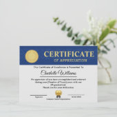 Blue Gold Certificate of Appreciation Template Begleitkarte (Stehend Vorderseite)