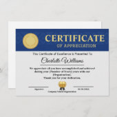 Blue Gold Certificate of Appreciation Template Begleitkarte (Vorne/Hinten)