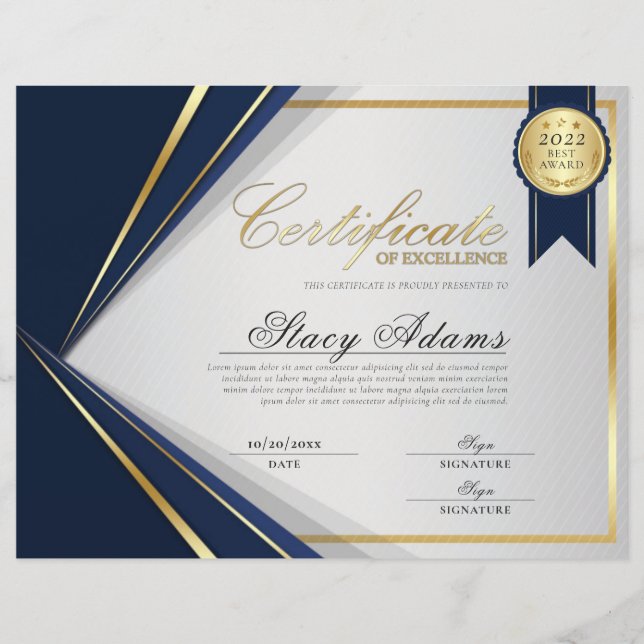 Blue & Gold Certificate of Excellence Award (Vorderseite)