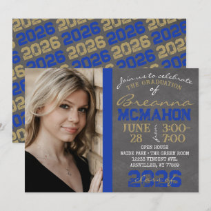 Blue & Gold Chalkboard Abschluss Foto Einladung